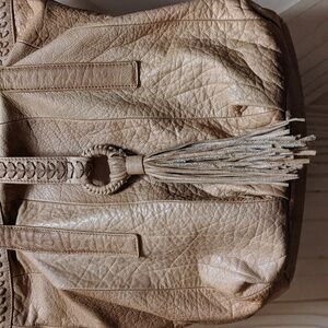 DAY & MOOD Rich Leather Bucket Bag, Zip Top, Carmel Color, Woven & Tassel Detail